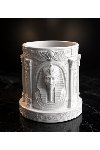 Antik Mısır Temalı Dekoratif Kalemlik Organizer Antik Mısır Tasarımlı Masaüstü Kalem Düzenleyici 10x10 Cm Beyaz