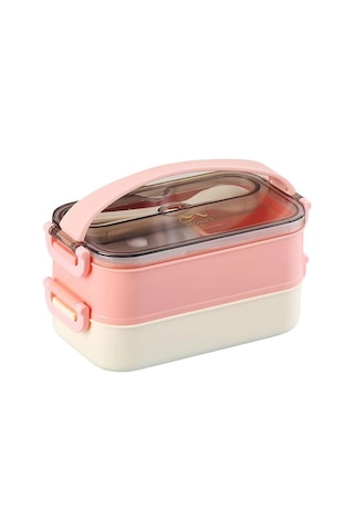 Vagonlife Bento 1500ml 2 Katlı 3 Bölmeli Paslanmaz Çelik Yemek Kutusu Pembe Beyaz