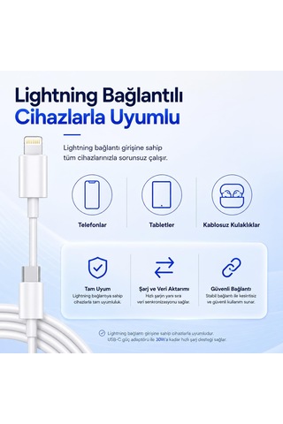 Type-c To Lightning Şarj Kablosu 1 Metre, 30w Hızlı Şarj Ve Veri Aktarımı, Güçlendirilmiş Konektör Ucu, Lightn Diğer