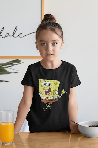 Sevbano Süngerbob Baskılı Unisex Çizgi Film Çocuk Tişört 1-12 Yaş Siyah