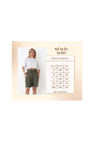 The Voler Müslin Şort Kadın Yüksek Bel Oversize Rahat Kesim Cepli %100 Pamuklu Yazlık Şort Haki