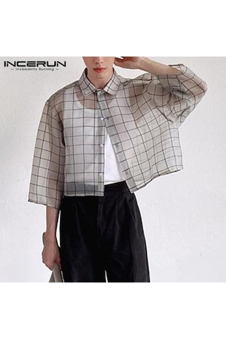 İncerun Yaz Erkek See Through Bol Kısa Kollu Ekose Gömlek Beyaz