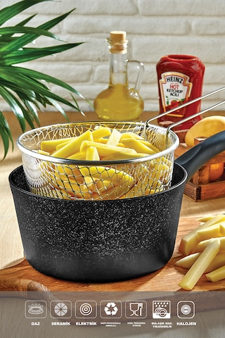 Melda Granit Kızartma Tavası 20cm Patates Cips Fritöz Telli Kızartma Tenceresi Sütlük Siyah