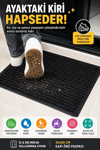 Siyah Dış Mekan 40 X 60 Cm Kapı Önü Paspas Kaydırmaz Taban Nem Alıcı Kir Tutucu Ev Giriş Paspası