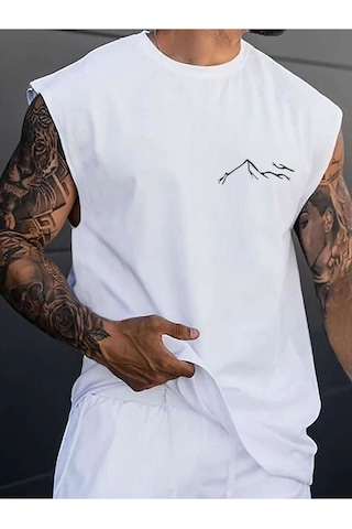 Dağ Silüet Baskılı Oversize Unisex Kolsuz Tişört BEYAZ Dağ Silüet Baskılı Oversize Unisex Kolsuz Tişört BEYAZ