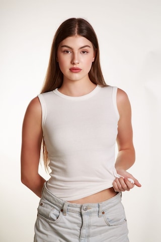 Kadın Kırıkbeyaz Fitilli Likralı Sıfır Kol Bisiklet Yaka Örme Atlet Tshirt Bluz KIRIK BEYAZ