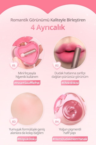 Dasique Kalp Tasarımlı Yoğun Pigmentli Köpük Yapılı Kadife Bitiş Sunan Ruj Souffle Color Pot 03 Coral Choux 03 Coral Choux