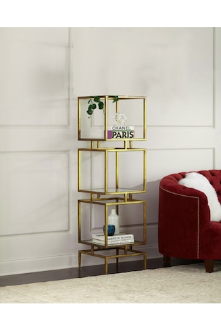 Olope Gold Metal 3 Raflı Kitaplık Çiçeklik Gümüşlük Duvar Rafı