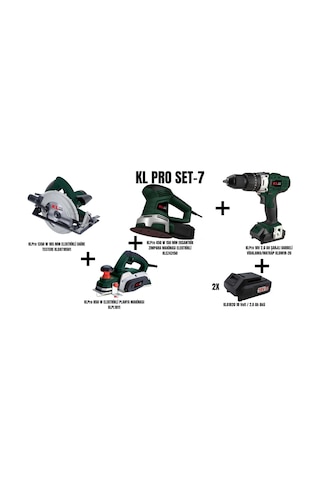 Klpro Set-7 1350W 185 MM Elektrikli Daire Testere + 850W Planya Makinesi + 450W 150 MM Eksantrik Zımpara Makinası + Şarjlı Darbeli Matkap