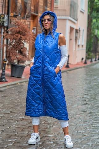 Keyifli Moda Kadın Saks Mavi Kapüşonlu Cepli Baklava Desen Uzun Şişme Yelek Saks Mavisi