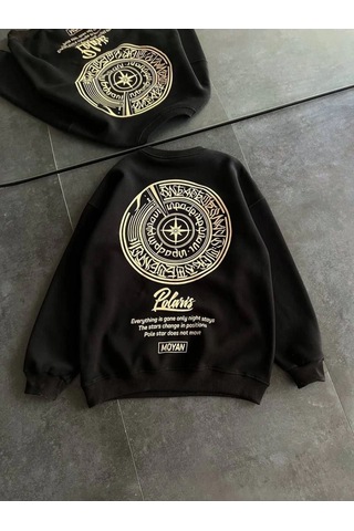 Mbb E-ticaret Kadın 3 İplik Pamuklu Bisiklet Yaka Baskılı Sweatshirt - Siyah