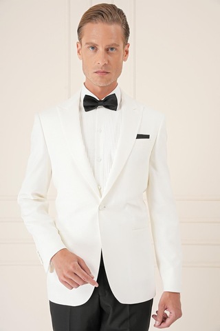 Efor Black 035 Slim Fit Saten Yaka Çift Yırtmaçlı Tek Düğmeli Krem Damatlık Smokin Ceket Krem