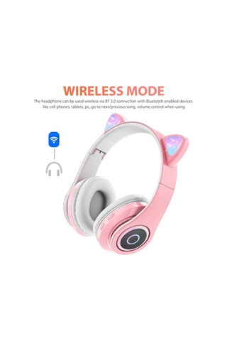 Geeroyoo Pembe Kedi Kulaklıklı Bluetooth 5.0 Kulaklık, Rgb Led Işıklı, Kablosuz/kablolu, Tf Kart Ve Fm Desteği, Hi-fi Stereo, Katlanabilir, Mikrofonlu