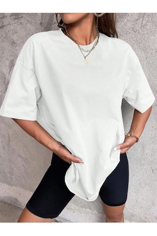 Düz Basic T-shirt - Beyaz Oversize Bisiklet Yaka Kısa Kol Beyaz