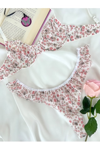 Arinda Butterfly Ekru Tül Çiçek Desenli Balenli Kapsız Fırfırlı Bralette Sütyen Tanga İç Çamaşırı Takımı Alt Üst 2 Parça
