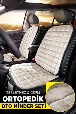 Premium Cepli Ortopedik Oto Koltuk Minder Seti - Oto Koltuk Kılıfı - Ön 2 Koltuk Set - Bej