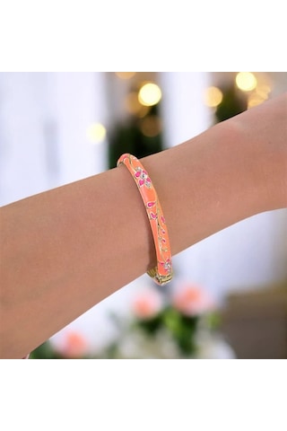 Pembe Çiçek Turuncu Mineli Çelik Bilezik Gold