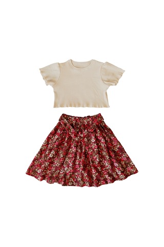 Etekli Crop Takım, Pamuklu Viskon Etek - Pamuklu Fitilli Crop Skahve-çiçekli1 Kahverengi