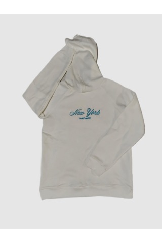 Kadın Kapşonlu Nakışlı Beyaz Sweatshirt Ekru