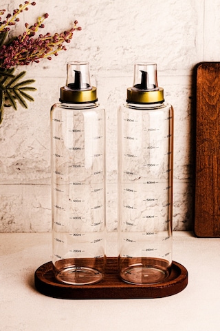 Bottle - 3 Parça Ahşap Standlı Damlatmaz 1 Lt Cam Yağdanlık Borosilikat Yağlık Sirkelik 1000ml SNPBOTTLEGLD3