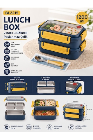 Vagonlife Bl2215 Lacivert 1200 Ml 2 Katlı 3 Bölmeli Paslanmaz Çelik Yemek Kabı Lunch Box Çok Renkli