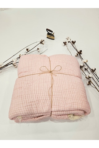 Pembe 7 Katlı Çift Taraflı Dolgulu Çift Kişilik Müslin Battaniye %100 Pamuk 230x240 Cm Pembe