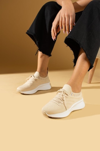 Shoetek Faina Kadın Sneakers Triko Dokumalı Bağcıklı Spor Ayakkabı Bej Bej