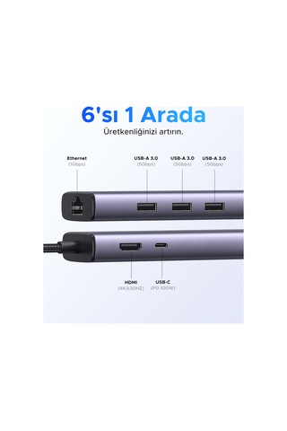 Revedok 6-in-1 3 Usb 3.0, 4k/30hz Hdmı, 100w Pd Type-c, Rj45 Port Çoklayıcı Hub, 15598