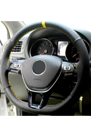 Chevrolet Cruze Uyumlu Dikmeli Direksiyon Kılıfı Alkantara-karbon Sarı Yüzüklü