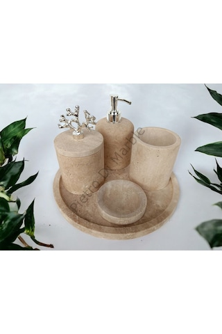 Sarı Traverten Klasik Model 5 Parça Gümüş Renk Mercan Aksesuarlı Banyo Seti Sarı Traverten
