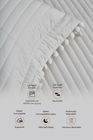 Evlen Home Collection Ponponlu Çift Kişilik %100 Pamuk Yatak Örtüsü Pike Takımı Krem Beyaz