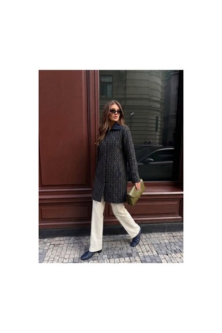 Onno Style Women Desenli Çelik Örgü Uzun Triko Kadın Kaban Lacivert