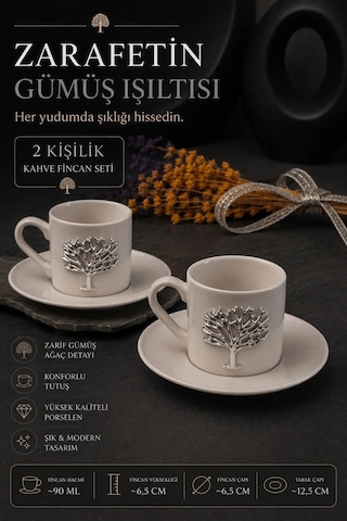 6 Kişilik 12 Parça Porselen Hayat Ağacı Gümüş Kahve Fincan Takımı