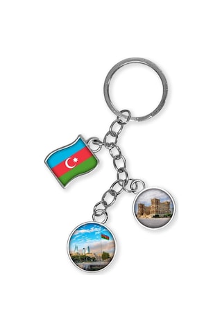 Azerbaycan Üçlü Epoksi Metal Çift Taraflı Damla Anahtarlık Azerbaijan Gümüş