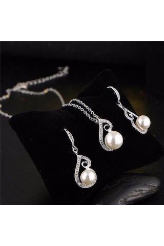 Pırlanta İşlemeli İnci Takı Seti Kolye Küpe, Sevgililer Günü