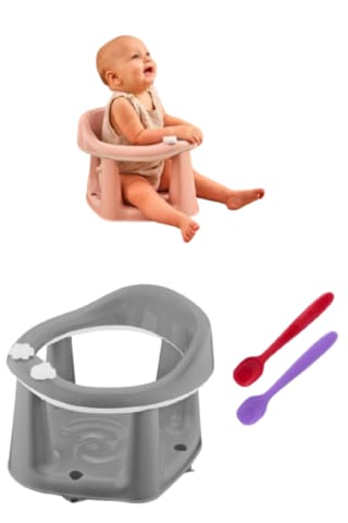 Flosoft Vakumlu Bebek Banyo & Mama Oturağı + Silicolife 2 Adet Silikon Mama Kaşığı Hediye Gri