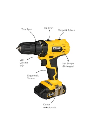 RTRMAX RTM350 Şarjlı Matkap Çift Akülü 30 Nm Li-ion 2x1.5 Ah - Akü Dahil
