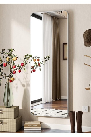 Pera 140x55 Yuvarlak Köşeli Yer Aynası Ayaklı, Asılı, Duvara Yaslı, Yatak Odası, Giyinme Odası GÜMÜŞ