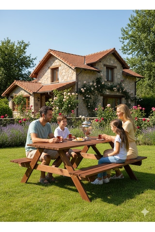 Masif Çam Piknik Masası Dış Mekan Ahşap Bahçe Oturma Grubu Kahverengi