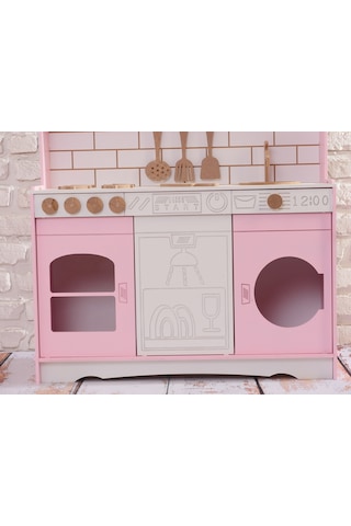Boyalı Pembe Ahşap Oyuncak Bulaşık Makine Detaylı Mutfak Tabak Ve Spatula Seti Hediye
