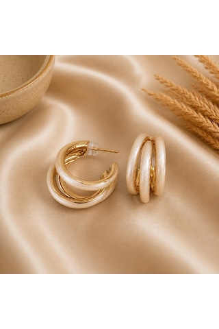 Premium Gold Renk Parlak Ve Şık Şampanya Renk Mineli Halka 316l Çelik Kadın Küpe Altın