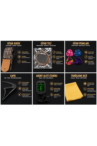 Valares Profesyonel Gitar Aksesuar Seti Tuner + Capo + Tel + Pena + Askı + Temizlik Bezi Full Set