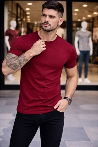 Butik İstanbul Erkek T-shirt Bisiklet Yaka Slim Fit Dar Kesim Likralı Tişört Günlük Basic Body - Bordo