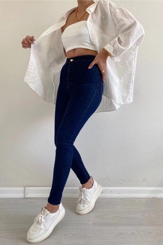 Dark Blue Yüksek Bel Skinny Fit Jean Likralı Önü Cepsiz Tayt Pantolon Dark Blue