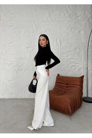 Satenmoda E&b Design Kadın Yüksek Bel Cırt Detay Palazzo Pantolon Beyaz