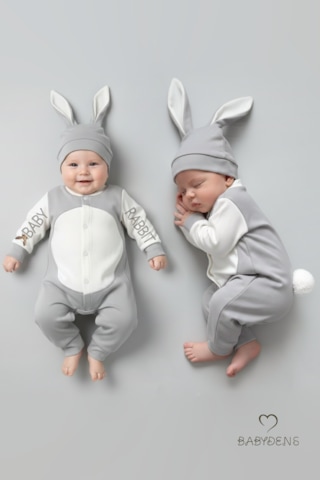 Babyden's Bebek Tavşanlı Tulum Şapka Set %100 Pamuklu Çıtçıtlı,ayarlanır Ponponlu Unisex Yenidoğan Tulum Seti Gri