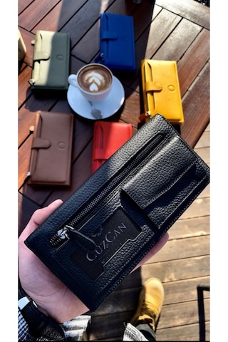 Mat Black Peony Hakiki Deri Telefon Cüzdanı Siyah