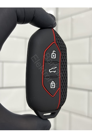 Togg T10x Uyumlu 3 Butonlu Anahtar Koruma Kılıfı Petek Desenli Kırmızı Çizgili