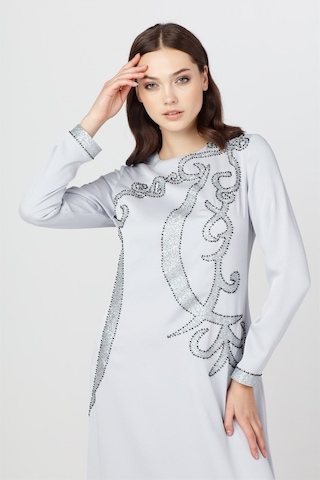 Gri - Önü Desenli Abiye Elbise Gri