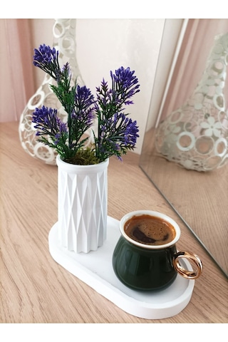 Mini Desenli Beton Saksı Tekli Ve Oval Tabak - Yapay Çiçek Hediyeli - Mor